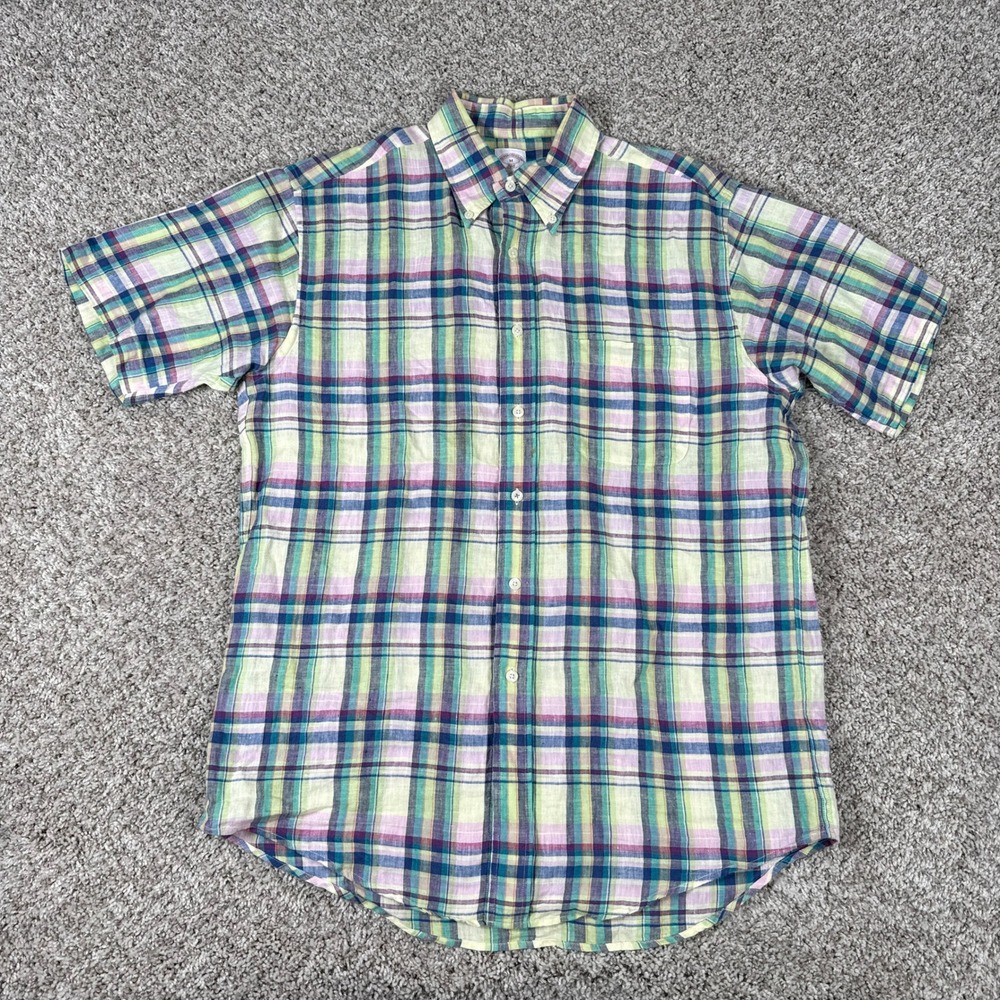 Brooks Brothers Shirt Mens Medium Green Plaid 100% Linen 346 Button Down
